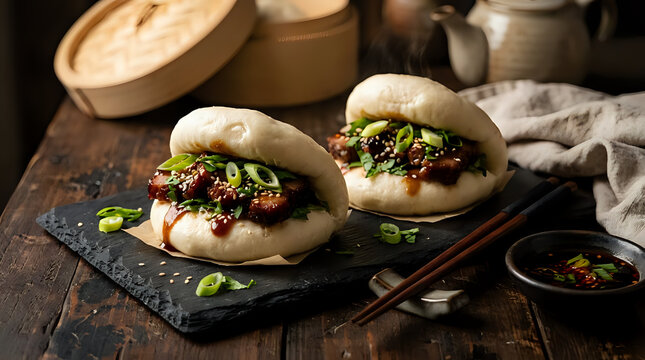 Steamed pork belly bao buns with pickled vegetables on a dark stone plate asian food street food savory snack asian cuisine bamboo steamer dark rustic food plating dipping sauce