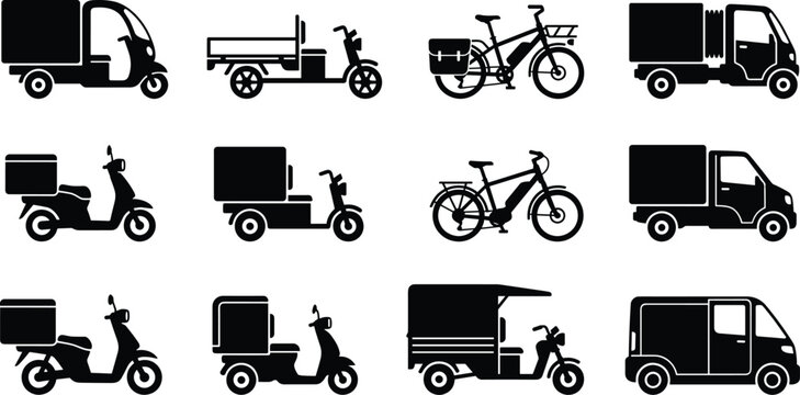 Silhouette icons of urban delivery vehicles including scooters, motorcycles, bicycles, three‑wheelers, and compact cargo vans