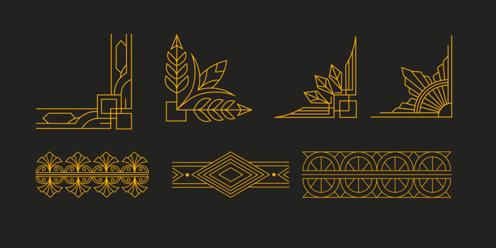 Art Deco decorative elements set. Vector gold geometric frames, borders, corners, floral ornaments and vintage line decorations on black background for luxury invitations and branding