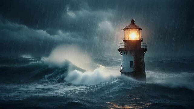 A beacon of hope stands tall against a stormy sea.