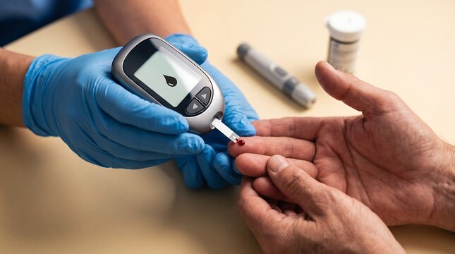 Professional healthcare worker measuring blood glucose level for a diabetic patient using a digital glucometer and test strip in a clinic setting