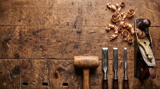 Traditional Carpentry and Wood Carving Hand Tools on Distressed Wooden Workbench with Copy Space