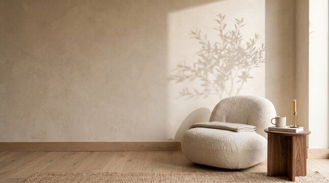Minimalist interior mockup of modern boucl&eacute; armchair in neutral living room