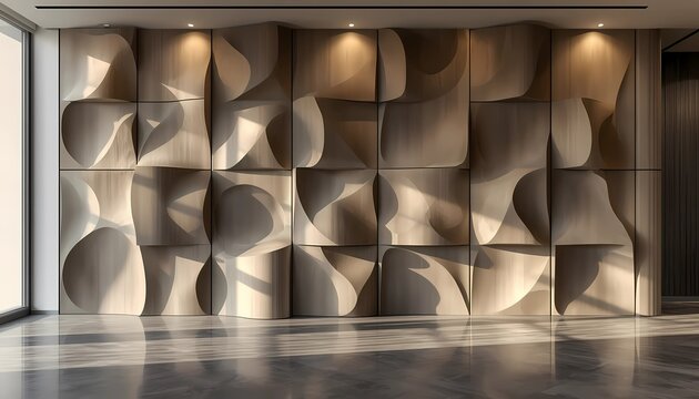 Modern interior background with parametric 3d wooden wall paneling and natural sunlight shadows, generative ai