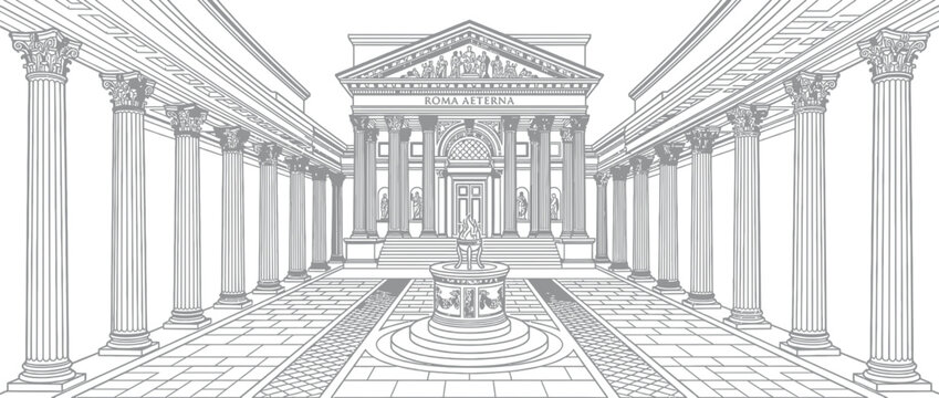 Ancient Roman Courtyard with Fountain and Colonnade