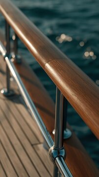 Close-up of a polished wooden handrail and teak deck on a luxury yacht sailing on the ocean