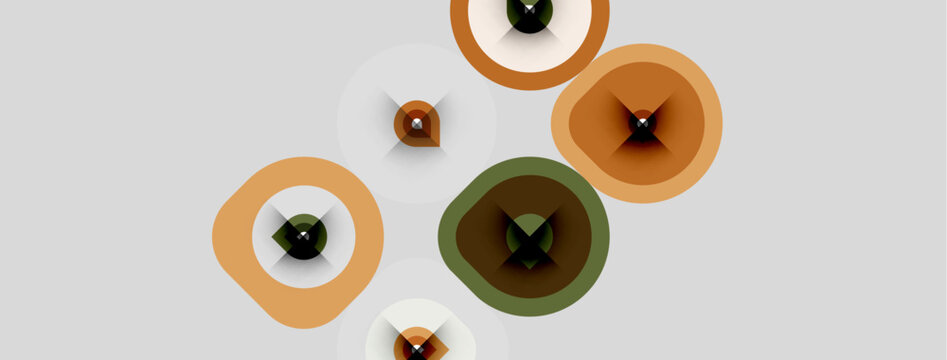 Abstract illustration featuring multiple eyes within circular shapes. Colors include browns, greens, whites, grays. Minimalist design.