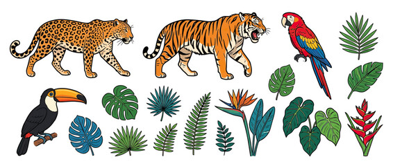 Fototapeta premium Jungle Animals and Tropical Plants Collection
