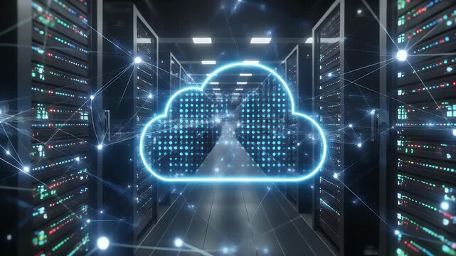 Abstract cloud computing concept in a data center with network connections.