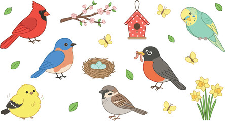 Obraz premium Cute Garden Birds Vector Set with Cardinal Bluebird Robin Goldfinch Sparrow Parakeet and Nest Symbols for Spring Pattern Designs and Greeting Cards