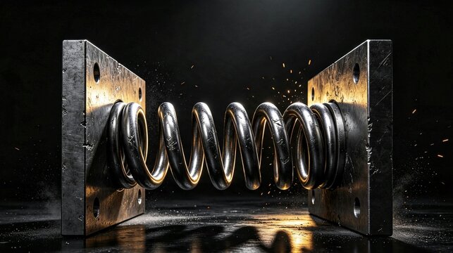 Steel Coil Spring Under Extreme Pressure Between Heavy Metal Plates, Golden Glow and Flying Sparks &mdash; Strength and Tension Concept