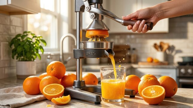 Fresh orange juice being poured from a manual juicer on a kitchen counter