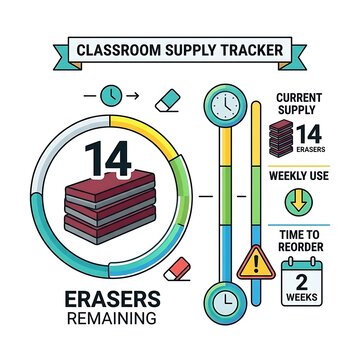 Classroom supply tracker info graphic showing eraser inventory levels and metrics