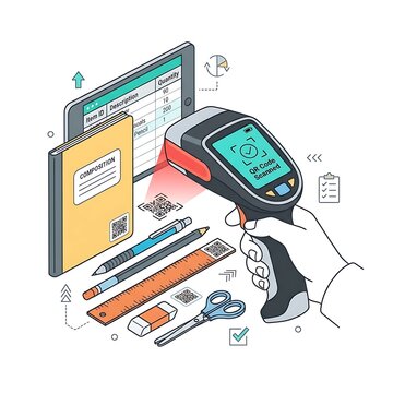 Isometric vector illustration of inventory management with barcode scanner and tablet