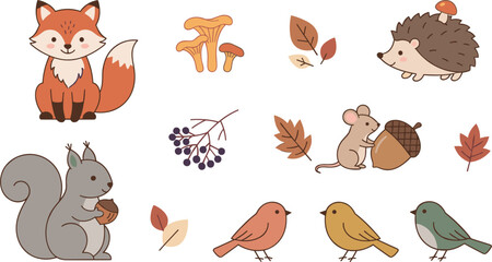 Obraz premium Cute Autumn Forest Animals Vector Set with Fox, Squirrel, Hedgehog, Birds, and Fall Leaves for Creative Stickers, Patterns, and Children Designs