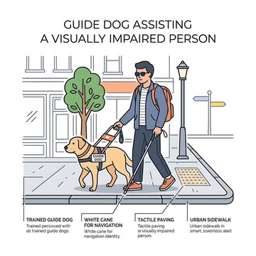 Guide dog assisting a visually impaired person walking on city street