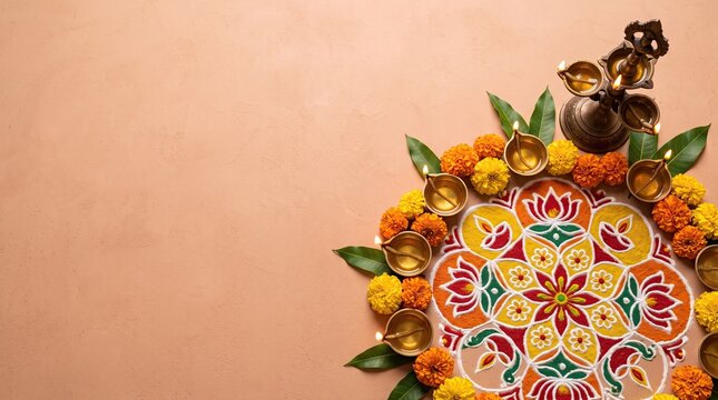 Diwali festival rangoli background with lamps and flowers, with copy space