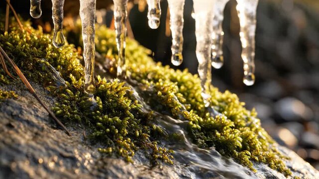 Sunlit icicles melting on green moss and rock in winter