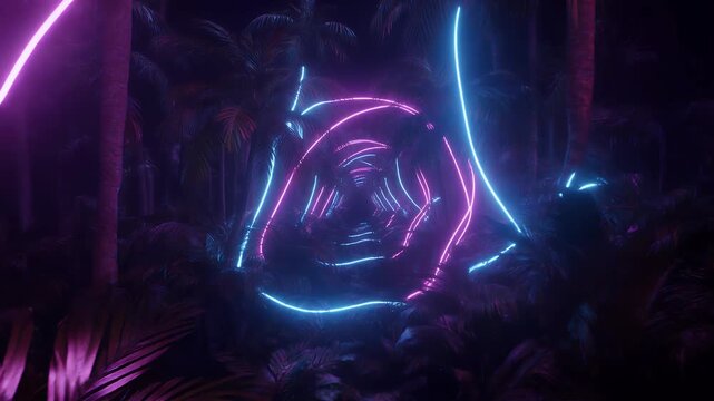 A surreal neon-lit jungle tunnel with flowing geometric lights.