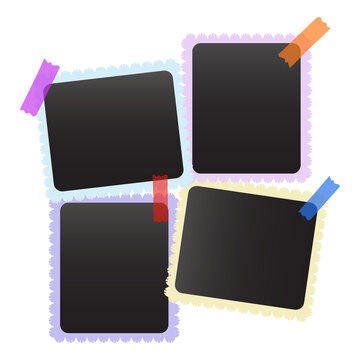 Colorful photo frames with tape on transparent background