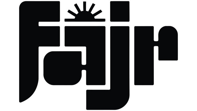 Black and white bold typography featuring the word fajr with a stylized sun integrated into the letter f on white background