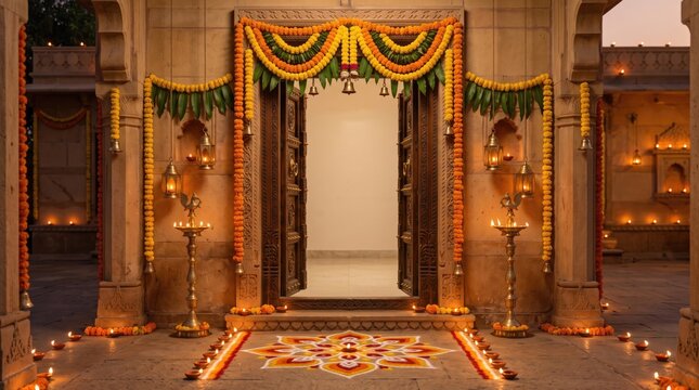 Diwali celebration entrance decorated with flowers, rangoli, and diyas in india, with copy space