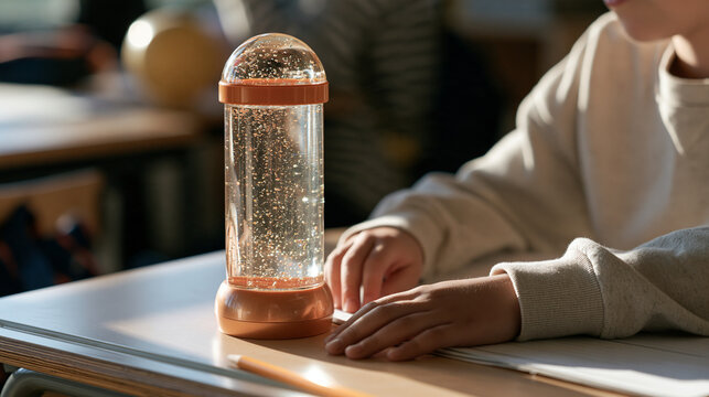 Close-up of a liquid motion bubbler sensory toy on a classroom desk with an autistic child's hands resting beside it, visual calming device, focus aid, sensory stimulation tool,