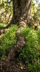 Obraz premium Close up of a large tree trunk with vibrant green grass growing around its base in a forest setting.