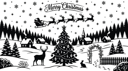 Fototapeta premium A winter scene with santa claus reindeer and a christmas tree is depicted in a black silhouette style