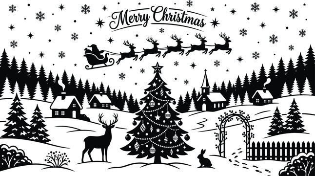 A winter scene with santa claus reindeer and a christmas tree is depicted in a black silhouette style