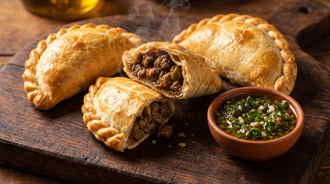 Traditional South American baked beef empanadas with a perfect golden flaky crust, served warm alongside a small bowl of fresh green vibrant chimichurri sauce on a rustic dark wooden board