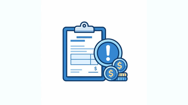 Financial statement on a blue clipboard featuring exclamation mark and coins representing accounts receivable.