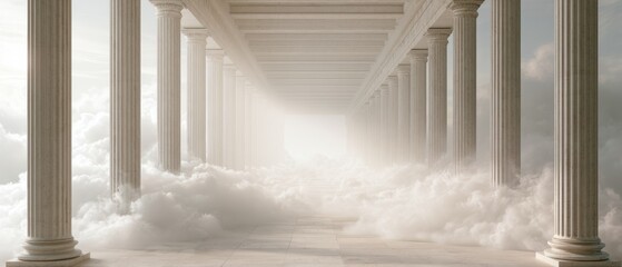Obraz premium Majestic White Classical Columns Rising Above Soft Clouds, Heavenly Architecture and Spiritual Afterlife Concept