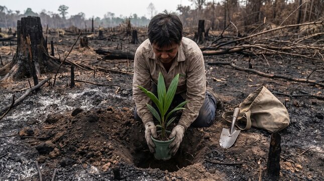 A man planting a new sapling in a deforested area after a forest fire.