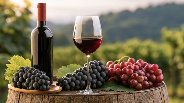 Elegant Red Wine Bottle, Full Glass, and Fresh Grapes on Wooden Barrel with Vineyard Backdrop