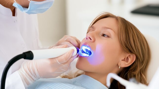 Female Patient Receiving Dental Treatment With Blue LED Curing Light in Modern Dentistry Clinic Close Up