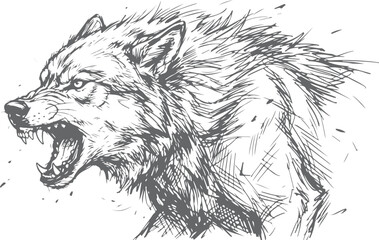 Fototapeta premium Snarling Wolf Sketch Drawing - Aggressive Wild Animal Portrait Ink Illustration On transparent background