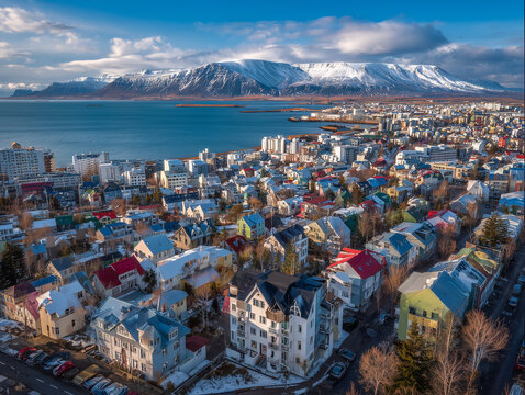 Aerial view of Reykjavik with colorful residential houses, surrounding mountains, sparkling coastline, sunny day, realistic drone photography