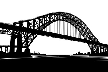 Fototapeta premium Large arch bridge spanning waterway with industrial silhouette background with across body water