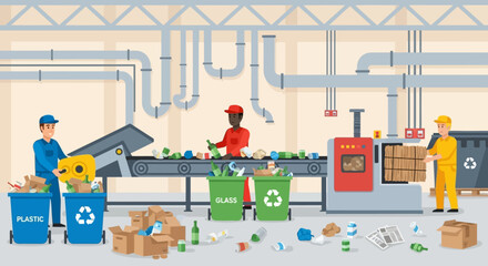 Naklejka premium Industrial waste sorting facility with workers recycling materials vector illustration