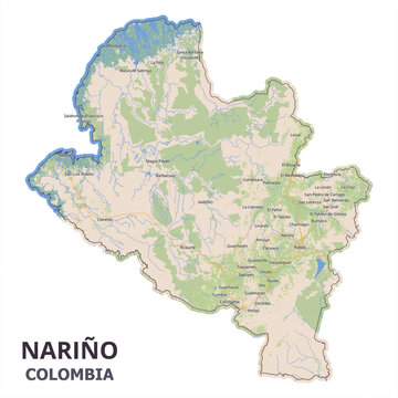 Detailed geographical vector map of Nari&ntilde;o Department, Colombia, showing Pasto, Tumaco, Ipiales, Pacific coastline, river basins, and road connections.