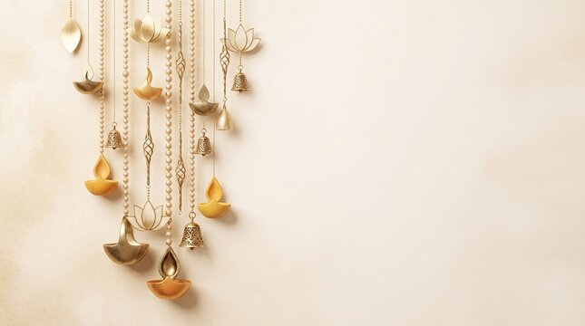 Diwali hanging decoration with gold diyas and bells on cream background, with copy space