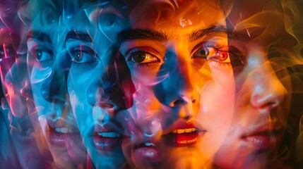 Obraz premium Surreal portrait of a young woman with vibrant colors and multiple exposures creating a dreamy effect.