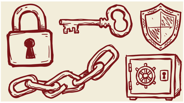 Vintage hand drawn security icons including padlock key chain safe shield with security protection illustration treasure mechanism confidential strongbox hardware monochrome