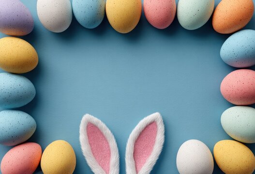 Colorful Easter eggs arranged in a circular pattern on a blue background with fluffy bunny ears positioned at the bottom, creating a festive holiday theme