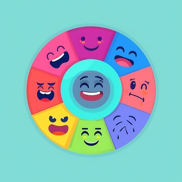 Colorful wheel of emotions featuring various cartoon faces expressing different feelings and moods in a vibrant design.