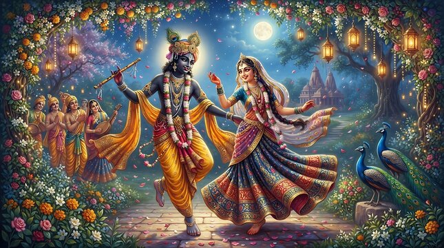 Krishna and Radha dancing in moonlit garden with lanterns and peacocks for Hindu devotional digital illustration.