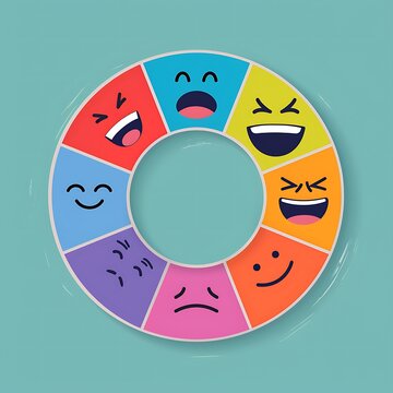 Colorful mood wheel featuring various cartoon emotions, set against a vibrant teal background, creating a playful and engaging visual.