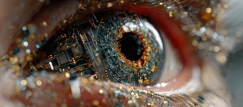 Close-up of a human eye with intricate circuit patterns and metallic details, showcasing a blend of technology and organic elements in a surreal composition