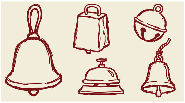 Red hand drawn bell icons variety collection featuring large bell cowbell jingle bell and service bell ring red color line art hotel bell desk bell metal bell handbell